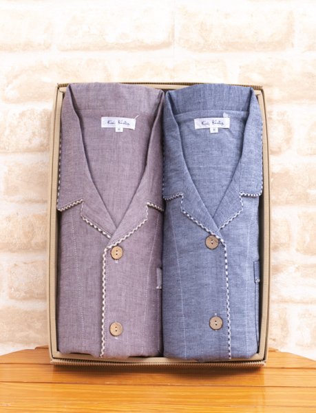 画像8: ダブルガーゼペアパジャマ　綿100％ダブルガーゼ無地ギンガムトリミング シャツパジャマ【長袖・長ズボン】【春夏秋向き素材】 (8)