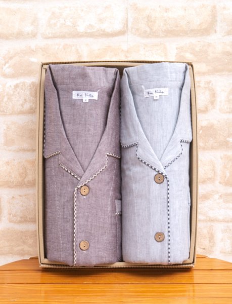 画像6: ダブルガーゼペアパジャマ　綿100％ダブルガーゼ無地ギンガムトリミング シャツパジャマ【長袖・長ズボン】【春夏秋向き素材】 (6)