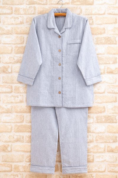 画像16: ダブルガーゼペアパジャマ　綿100％ダブルガーゼ無地ギンガムトリミング シャツパジャマ【長袖・長ズボン】【春夏秋向き素材】 (16)