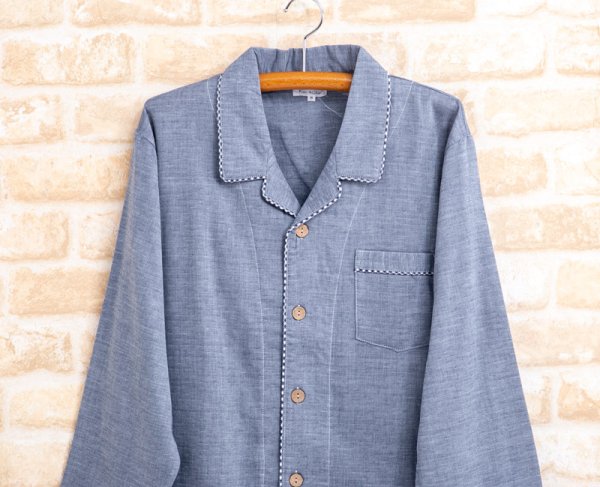 画像21: ダブルガーゼペアパジャマ　綿100％ダブルガーゼ無地ギンガムトリミング シャツパジャマ【長袖・長ズボン】【春夏秋向き素材】 (21)