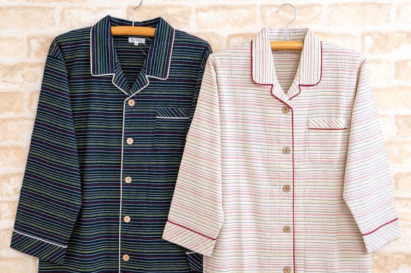 画像3: パジャマ ペア 長袖 前開き 春夏 肌に優しい綿100％サラサラして涼しい楊柳ペンシルボーダー メンズ レディース 父の日 母の日 結婚祝い 記念日 ブライダル カップル お揃い (3)