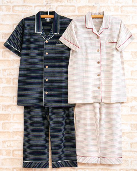 画像2: パジャマ ペア 半袖 前開き 夏 サラサラして涼しい綿100％ 楊柳ボーダー ナイトウェア ルームウェア レディース メンズ 父の日 母の日 ギフト 結婚祝い 記念日 (2)