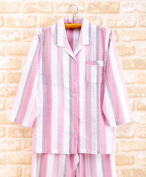 画像3: パジャマ ペア 綿100％サラサラして涼しいサッカー加工ストライプ地 前開き長袖 メンズ レディース 結婚祝い 父の日 母の日 記念日 ブライダルギフト (3)