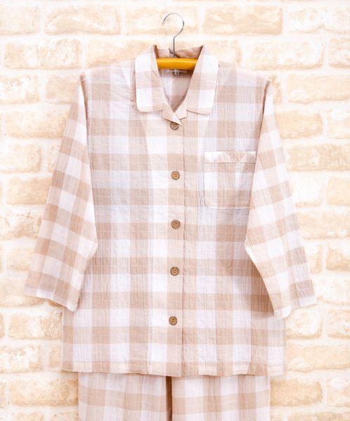 画像3: パジャマ ペア 綿100％軽くて涼しいソフトコットンチェック地 前開き長袖 メンズ レディース 結婚祝い 父の日 母の日 記念日 ブライダルギフト (3)