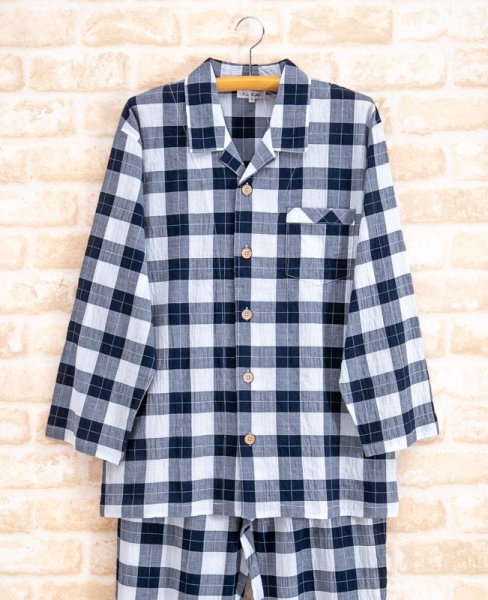 画像2: パジャマ ペア 綿100％軽くて涼しいソフトコットンチェック地 前開き長袖 メンズ レディース 結婚祝い 父の日 母の日 記念日 ブライダルギフト (2)