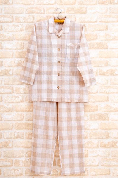 画像5: パジャマ ペア 綿100％軽くて涼しいソフトコットンチェック地 前開き長袖 メンズ レディース 結婚祝い 父の日 母の日 記念日 ブライダルギフト (5)