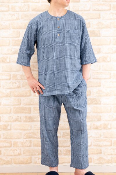 画像2: パジャマ メンズ 軽くて涼しいサラサラした肌触りのソフトコットンチェック地 七分袖九分パンツかぶり半開 ナイトウェア ルームウェア S/M/L/LL/3L 父の日 (2)