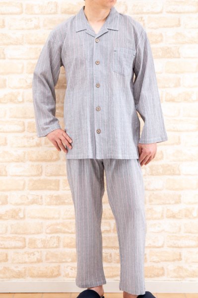 画像4: パジャマ メンズ 春夏 長袖 前開き 肌にやさしい綿100％サラサラして軽くて涼しいソフトコットン地　ナイトウェア ルームウェア 父の日 入院準備 S/M/L/LL/3L (4)