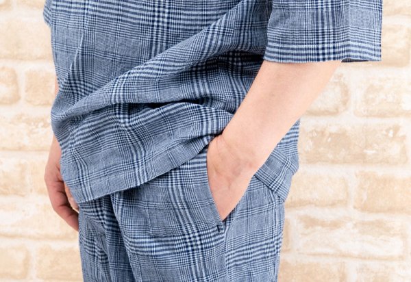 画像4: パジャマ メンズ 軽くて涼しいサラサラした肌触りのソフトコットンチェック地 七分袖九分パンツかぶり半開 ナイトウェア ルームウェア S/M/L/LL/3L 父の日 (4)