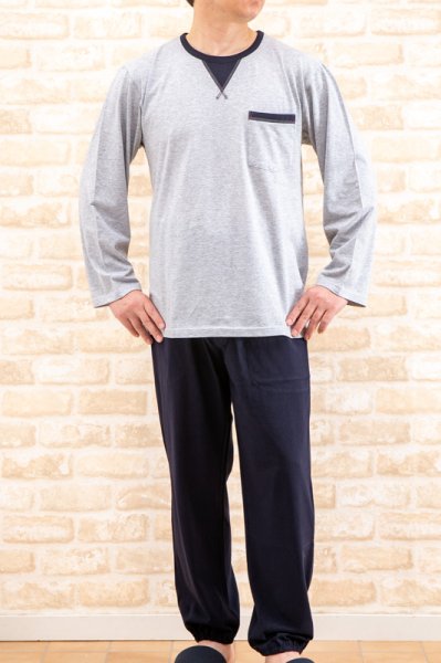 画像4: パジャマ メンズ 長袖 春秋 肌に優しい綿100% やや薄い天竺ニット無地かぶりタイプ 【LLサイズ】父の日 ナイトウェア ルームウェア (4)