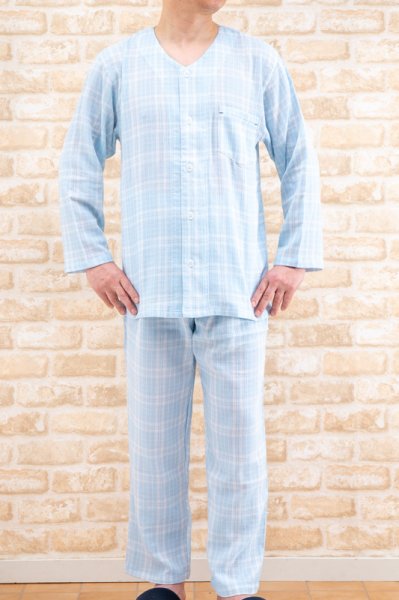 画像3: ダブルガーゼ パジャマ メンズ 肌にやさしい綿100％サラッとした肌触りのダブルガーゼ地になります。長袖 前開き 入院準備 ナイトウェア　M/L/LL/3L (3)