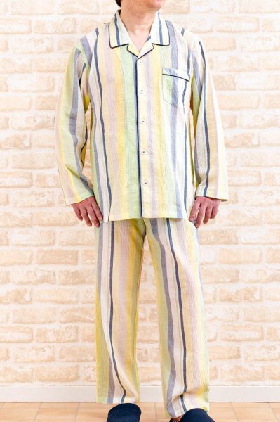 画像4: パジャマ メンズ 長袖 前開き 春夏 肌に優しい綿100%サラサラして軽くて涼しいソフトコットン生地ストライプ ナイトウェア  S/M/L/LL/3L 入院準備 父の日 (4)
