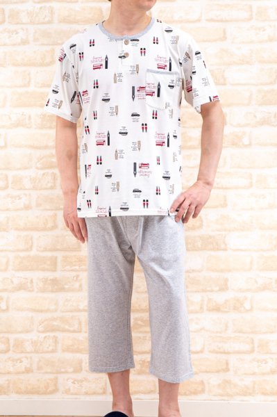 画像3: パジャマ メンズ 夏 半袖 8分パンツかぶり 肌にやさしい綿100%やや薄いニット地ロンドン 父の日 ナイトウェア ルームウェア S/M/L/LL/3L (3)