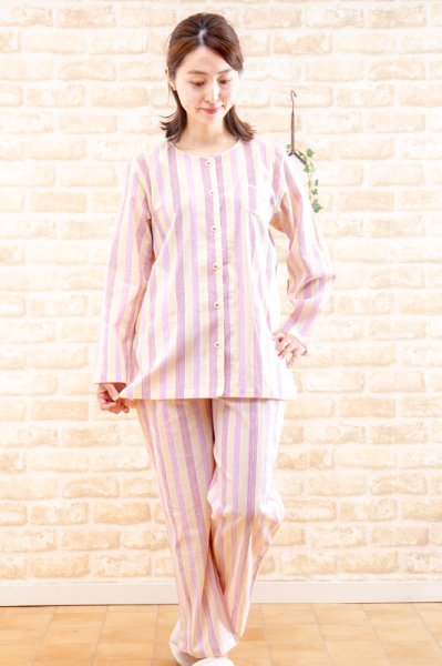 画像3: パジャマ レディース 長袖 春夏 肌にやさしい綿100％　薄くて軽い涼しい楊柳ストライプ生地　ナイトウェア ルームウェア S/M/L/LL/3L母の日 入院準備 (3)