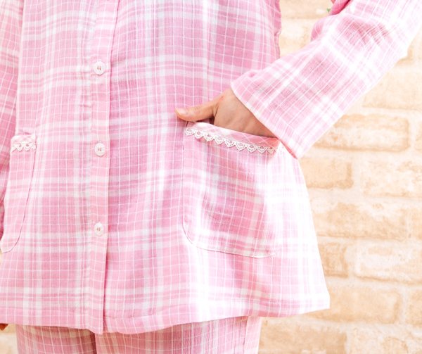 画像7: 軽くて柔らかい肌触りのやや薄いガーゼ楊柳チェック パジャマ レディース 長袖 初夏・夏・初秋向き S/M/L/LL/3L ナイトウェア ルームウェア 入院準備  (7)