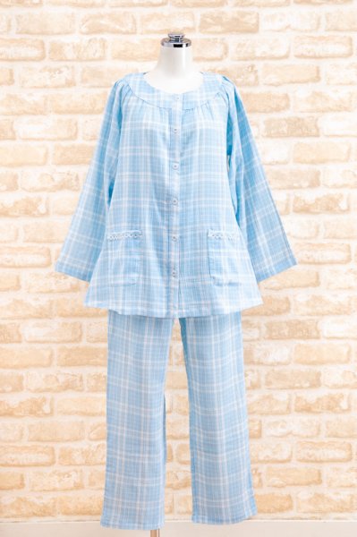 画像9: 軽くて柔らかい肌触りのやや薄いガーゼ楊柳チェック パジャマ レディース 長袖 初夏・夏・初秋向き S/M/L/LL/3L ナイトウェア ルームウェア 入院準備  (9)