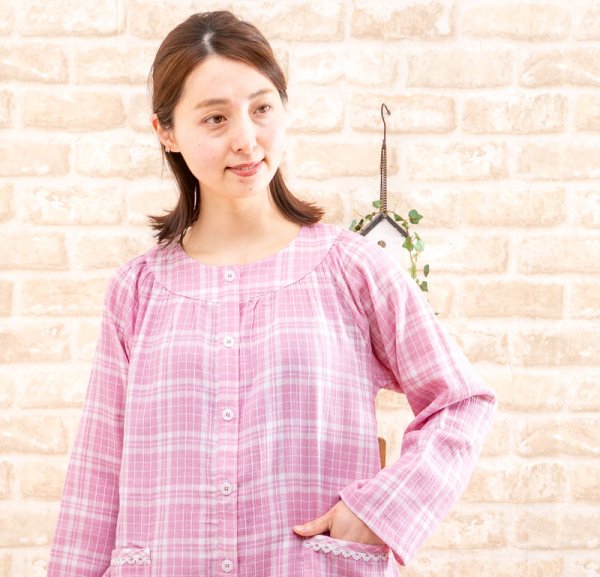 画像5: 軽くて柔らかい肌触りのやや薄いガーゼ楊柳チェック パジャマ レディース 長袖 初夏・夏・初秋向き S/M/L/LL/3L ナイトウェア ルームウェア 入院準備  (5)