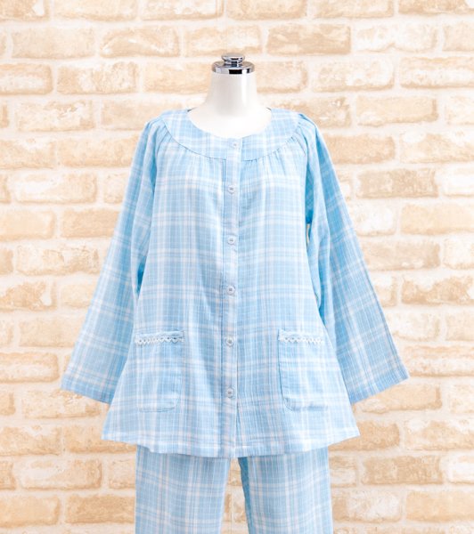 画像10: 軽くて柔らかい肌触りのやや薄いガーゼ楊柳チェック パジャマ レディース 長袖 初夏・夏・初秋向き S/M/L/LL/3L ナイトウェア ルームウェア 入院準備  (10)