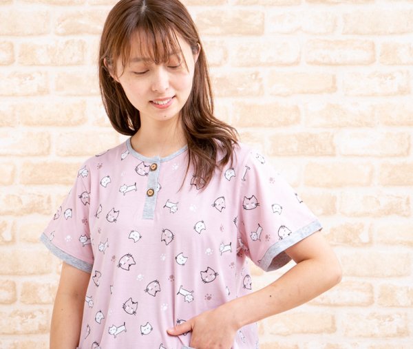 画像3: パジャマレディース 夏 半袖 8分丈パンツ かぶり 肌にやさしい綿100％  やや薄い天竺ニット地ねこ柄 ナイトウェア ルームウェア 部屋着 M/L/LL (3)