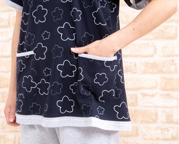 画像4: 肌にやさしい綿100％ パジャマレディース 夏 半袖 8分パンツ かぶり やや薄い天竺ニット地ラインフラワー ナイトウェア ルームウェア 部屋着 S/M/L/LL/3L (4)