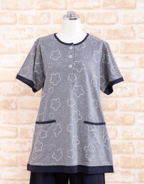 画像5: 肌にやさしい綿100％ パジャマレディース 夏 半袖 8分パンツ かぶり やや薄い天竺ニット地ラインフラワー ナイトウェア ルームウェア 部屋着 S/M/L/LL/3L (5)