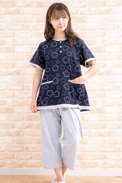 画像2: 肌にやさしい綿100％ パジャマレディース 夏 半袖 8分パンツ かぶり やや薄い天竺ニット地ラインフラワー ナイトウェア ルームウェア 部屋着 S/M/L/LL/3L (2)