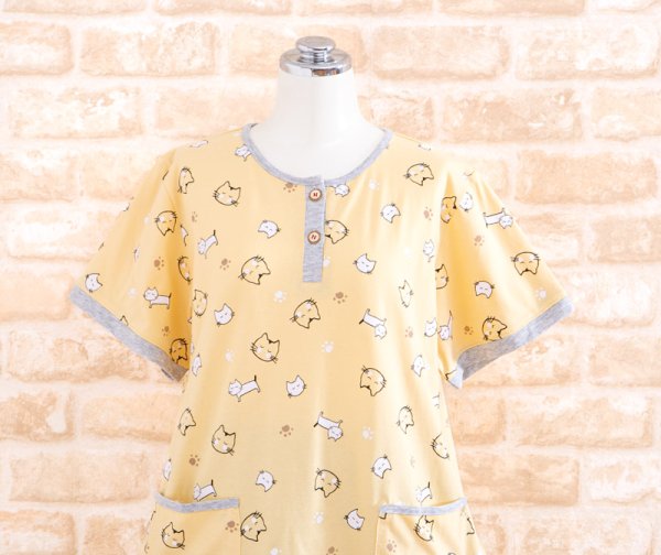 画像7: パジャマレディース 夏 半袖 8分丈パンツ かぶり 肌にやさしい綿100％  やや薄い天竺ニット地ねこ柄 ナイトウェア ルームウェア 部屋着 M/L/LL (7)