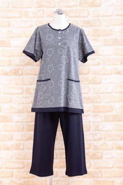 画像6: 肌にやさしい綿100％ パジャマレディース 夏 半袖 8分パンツ かぶり やや薄い天竺ニット地ラインフラワー ナイトウェア ルームウェア 部屋着 S/M/L/LL/3L (6)