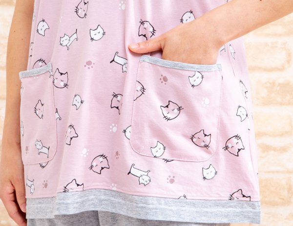 画像4: パジャマレディース 夏 半袖 8分丈パンツ かぶり 肌にやさしい綿100％  やや薄い天竺ニット地ねこ柄 ナイトウェア ルームウェア 部屋着 M/L/LL (4)