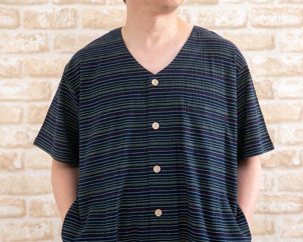 画像3: メンズ スリーパーパジャマ サラッとして涼しい綿100%楊柳カラーボーダー 半袖 前開き　初夏・盛夏向き　M/L/LL/3L/4L/5L　ルームウェア　ワンピース　紳士　男性 (3)