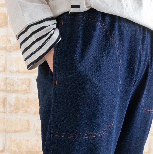 画像2: 綿100％デニムニット裏毛　ルームパンツ　やや厚めのインディゴ調ニット生地になります　ウエストはゴムタイプです　パンツ丈SサイズのM・Lサイズあり SM/SL/M/L/LL/3L (2)