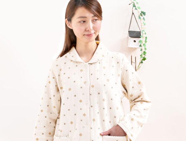 画像10: 肌にやさしい綿100％中わたニットキルト地結晶柄　前開きパジャマ レディース 長袖 ナイトウェア　ルームウェア　冬向き商品　S/M/L/LL/3L 入院準備　クリスマスギフト (10)