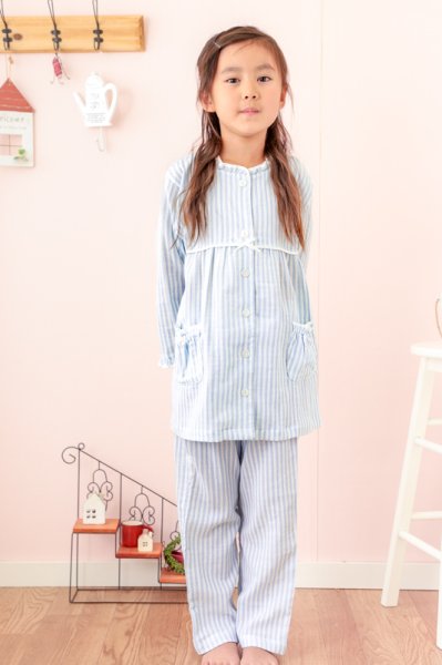 画像4: 子供パジャマ130cm/140cm/150cm/160cm 　柔らかい肌触りガーゼ楊柳　前開きキッズパジャマ【長袖・長パンツ】【女児用・子供用】 (4)