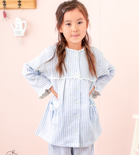 画像2: 子供パジャマ130cm/140cm/150cm/160cm 　柔らかい肌触りガーゼ楊柳　前開きキッズパジャマ【長袖・長パンツ】【女児用・子供用】 (2)