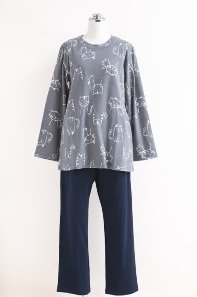 画像6: 肌にやさしい綿100％滑らかな肌触りのスムースニット地 ねこ柄 かぶり長袖パジャマ レディース 春秋向き ナイトウェア ルームウェア S/M/L/LL/3L/4L (6)