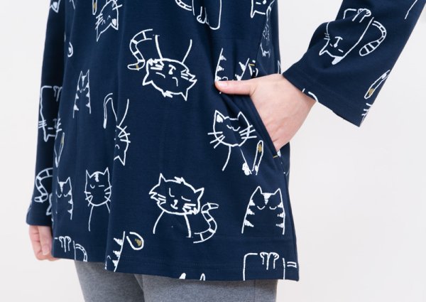 画像4: 肌にやさしい綿100％滑らかな肌触りのスムースニット地 ねこ柄 かぶり長袖パジャマ レディース 春秋向き ナイトウェア ルームウェア S/M/L/LL/3L/4L (4)