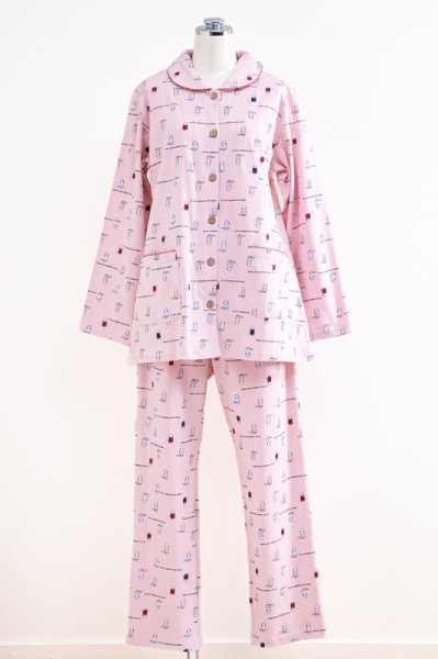 画像6: 肌にやさしい綿100％なめらかな肌触りのスムースニット地 眠りねこ　前開きパジャマ レディース　長袖　秋・早春向き　ナイトウェア　入院準備　S/M/L/LL/3L (6)