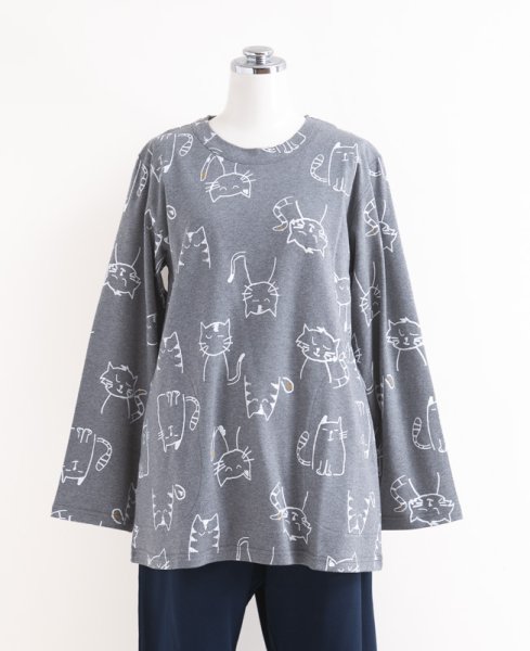 画像5: 肌にやさしい綿100％滑らかな肌触りのスムースニット地 ねこ柄 かぶり長袖パジャマ レディース 春秋向き ナイトウェア ルームウェア S/M/L/LL/3L/4L (5)
