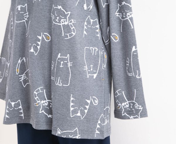 画像8: 肌にやさしい綿100％滑らかな肌触りのスムースニット地 ねこ柄 かぶり長袖パジャマ レディース 春秋向き ナイトウェア ルームウェア S/M/L/LL/3L/4L (8)