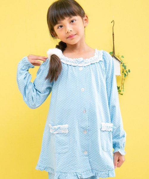 画像2: パジャマ キッズ 女児 長袖 肌に優しい綿100％やや薄い天竺ニット地ドット柄 子供 女の子 春 秋 130cm/140cm/150cm/160cm 前開き お泊り学習 林間学校 修学旅行 (2)