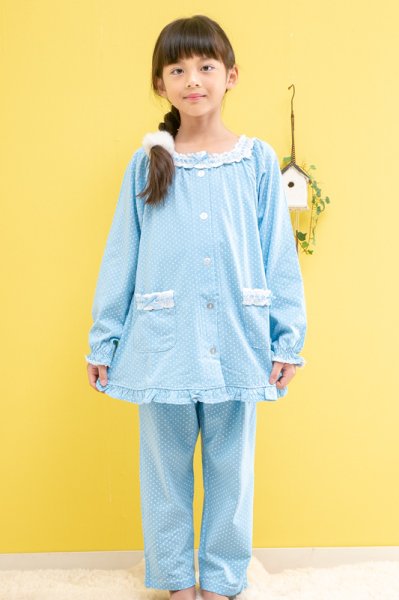 画像4: パジャマ キッズ 女児 長袖 肌に優しい綿100％やや薄い天竺ニット地ドット柄 子供 女の子 春 秋 130cm/140cm/150cm/160cm 前開き お泊り学習 林間学校 修学旅行 (4)