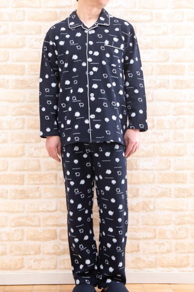 画像2: パジャマ メンズ 前開き 長袖 冬 肌に優しい綿100％中わたニットキルト地ひつじ柄プリント  M/L/LL ぺアあり 入院準備 (2)