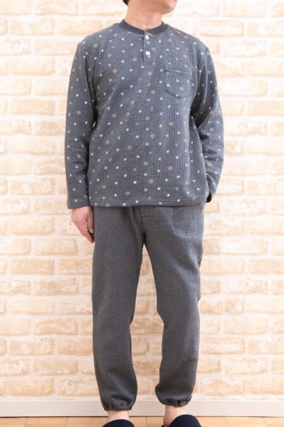 画像2: パジャマ メンズ 冬 肌に優しい綿100％中わたニットキルト地結晶柄 かぶりタイプ長袖 紳士 ナイトウェア ルームウェア 部屋着 S/M/L/LL/3L (2)