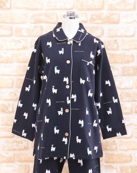 画像4: パジャマ レディース 肌にやさしい綿100％ 中わたニットキルト地アルパカ柄 前開き  長袖 冬向き ナイトウェア ルームウェア S/M/L/LL 入院準備 (4)