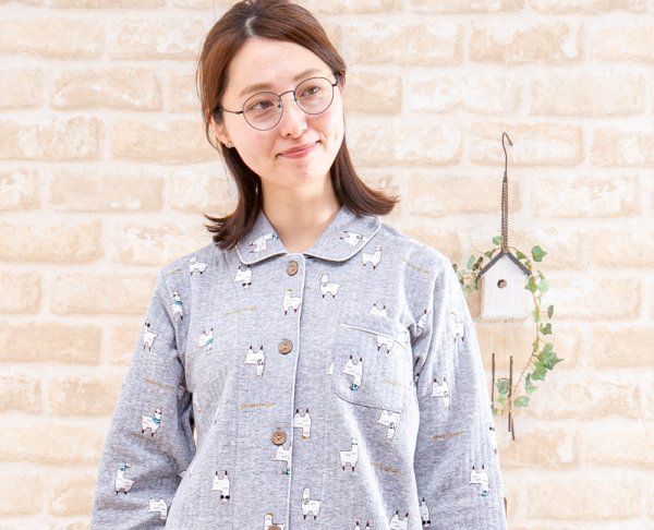 画像3: パジャマ レディース 肌にやさしい綿100％ 中わたニットキルト地アルパカ柄 前開き  長袖 冬向き ナイトウェア ルームウェア S/M/L/LL 入院準備 (3)