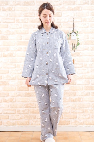 画像2: パジャマ レディース 肌にやさしい綿100％ 中わたニットキルト地アルパカ柄 前開き  長袖 冬向き ナイトウェア ルームウェア S/M/L/LL 入院準備 (2)