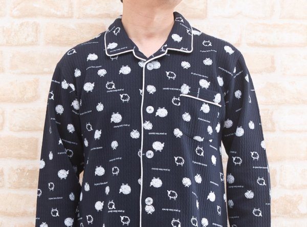 画像3: パジャマ メンズ 前開き 長袖 冬 肌に優しい綿100％中わたニットキルト地ひつじ柄プリント  M/L/LL ぺアあり 入院準備 (3)