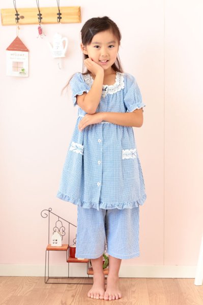 画像4: 人気!子供パジャマ130cm/140cm/150cm/160cm キッズ女児用　肌に優しいさらっとした綿100％　リップル加工地ギンガムチェック柄前開きパジャマ【女子用・子供用】  (4)