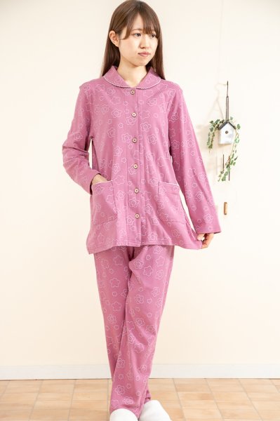 画像3: パジャマ レディース 春秋 肌にやさしく滑らかな肌触りの綿100％ニット地 前開き長袖シャツタイプ S/M/L/LL/3L 入院準備 ナイトウェア ルームウェア (3)