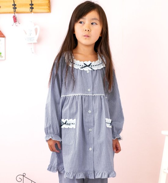 画像2: 人気子供パジャマ130〜160cmキッズ女児用　綿100％さらっとした肌触りリップル加工地ギンガムチェック柄前開きパジャマ【長袖・長パンツ】【女児用・子供用】 (2)